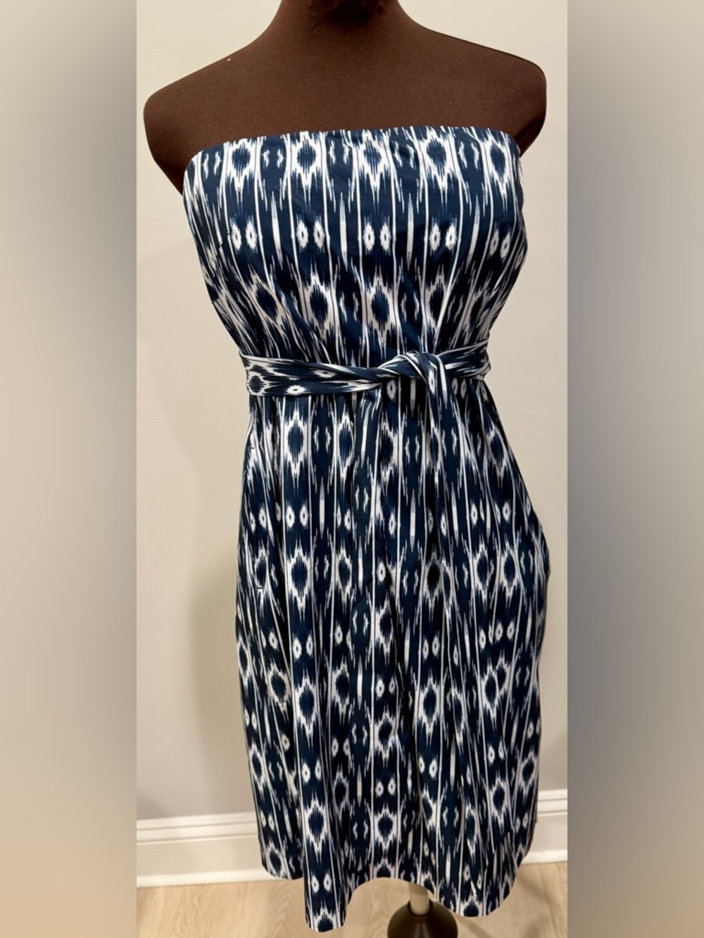 Athleta Navy and White Ikat Maxi Dress with Self-Tie Belt
